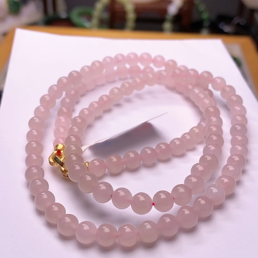 【闪购商品】和田玉藕粉银镶樱花粉项链6MM未镶嵌