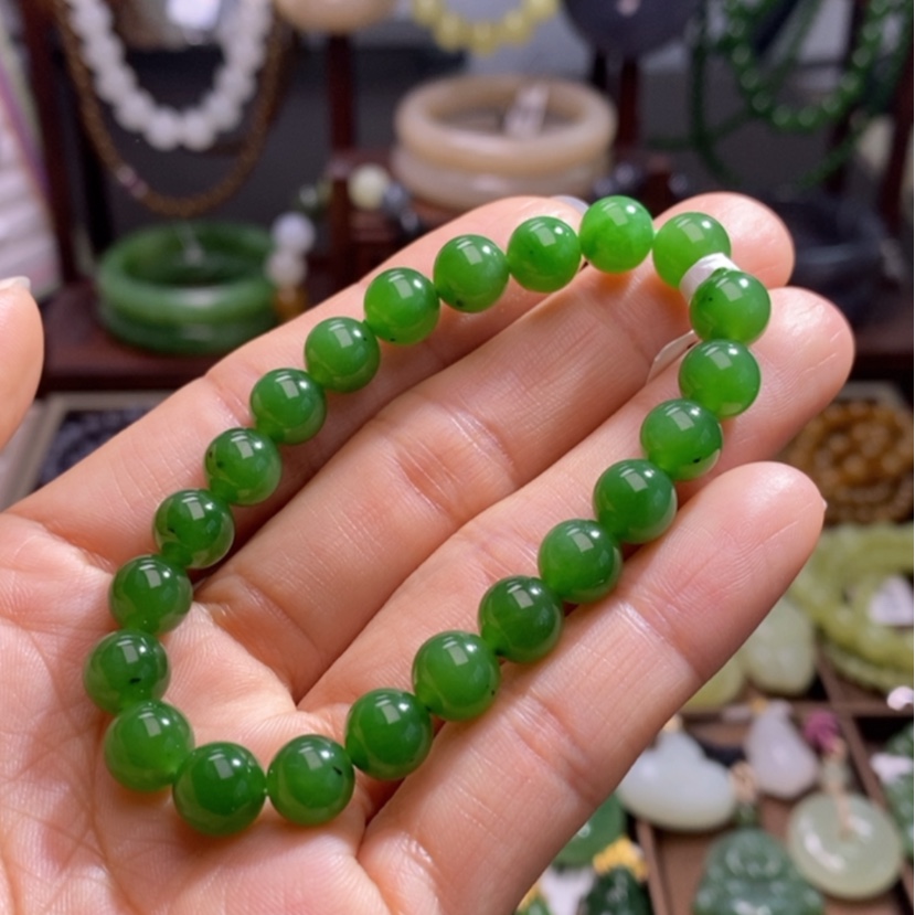 【闪购商品】和田玉碧玉老坑料阳绿8mm手串未镶嵌朱*