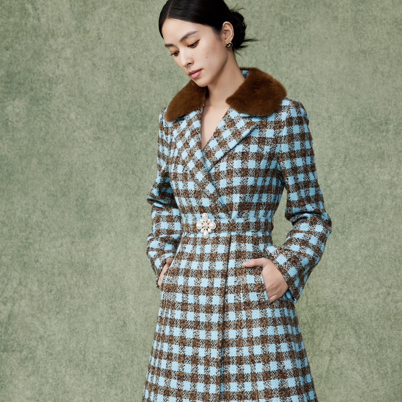 摩登格子大衣2024年新款时尚带毛领气质毛呢外套-MJFD05WLC117T11