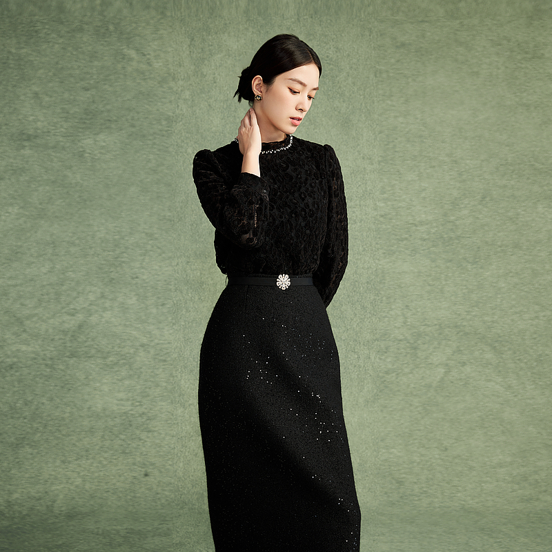 植绒蕾丝复古小高领衬衫2024年新款时尚优雅百搭-MJFD04WBL156B11