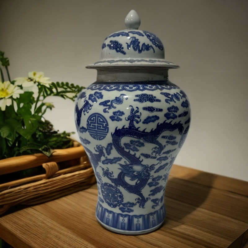 陶瓷·清花龙纹罐，画工精细做工精美，居家办公摆件