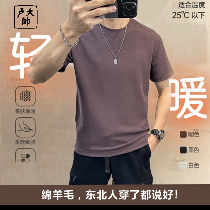 2025春秋季【绵羊毛】短袖t恤男圆领纯色针织修身保暖潮男士
