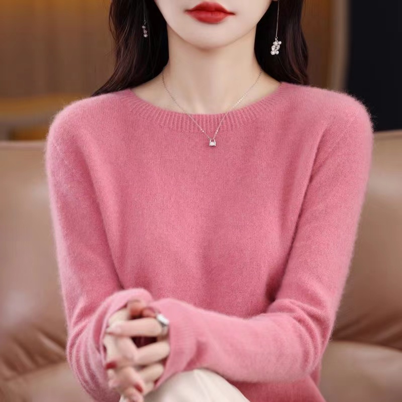 圆领一线成衣无缝羊毛衫女纯羊毛针织长袖毛衣秋冬季宽松打底衫