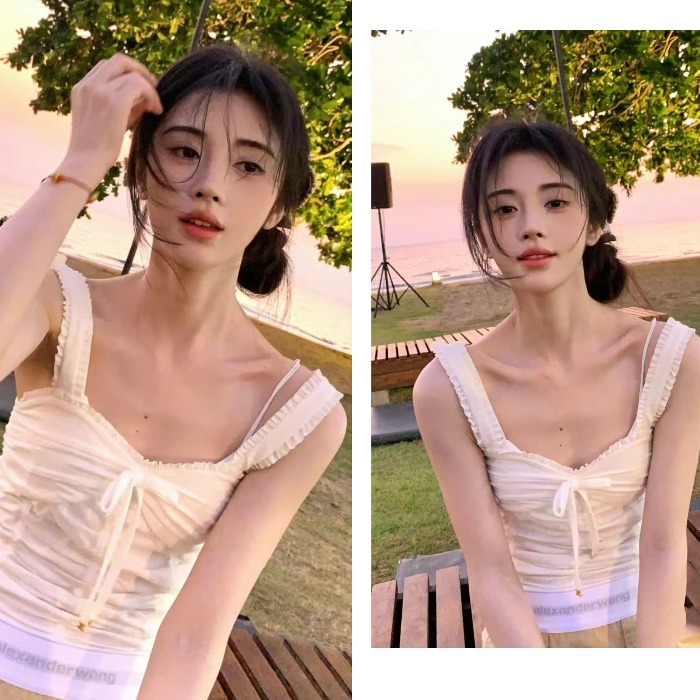鞠婧祎白色抽褶纯欲风辣妹系带花边短款外穿内搭吊带背心上衣女夏