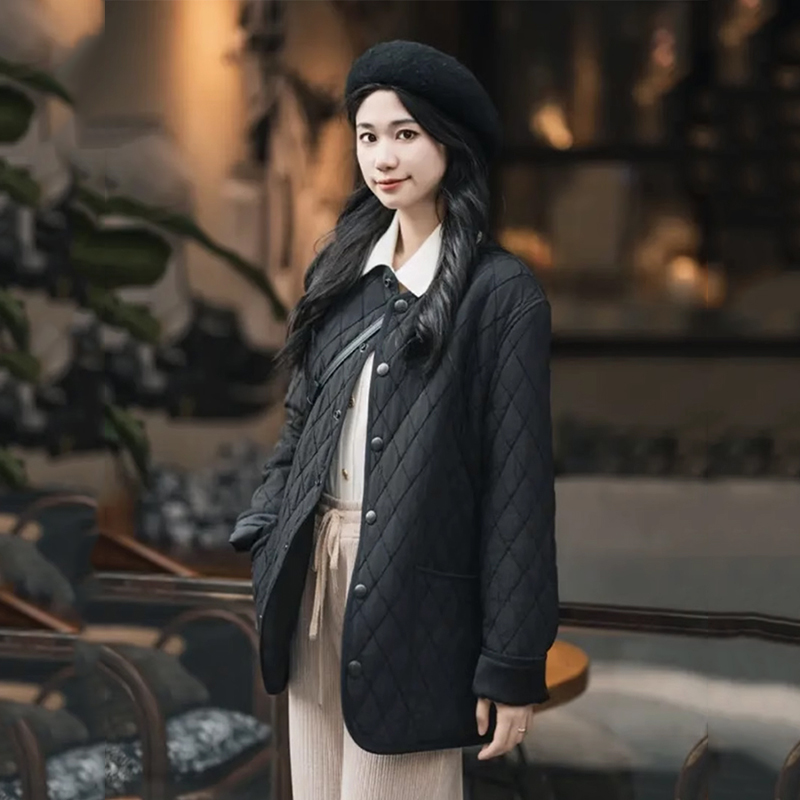 商场同款2025秋新款复古格纹系扣宽松小圆领毛呢休闲外套1400742