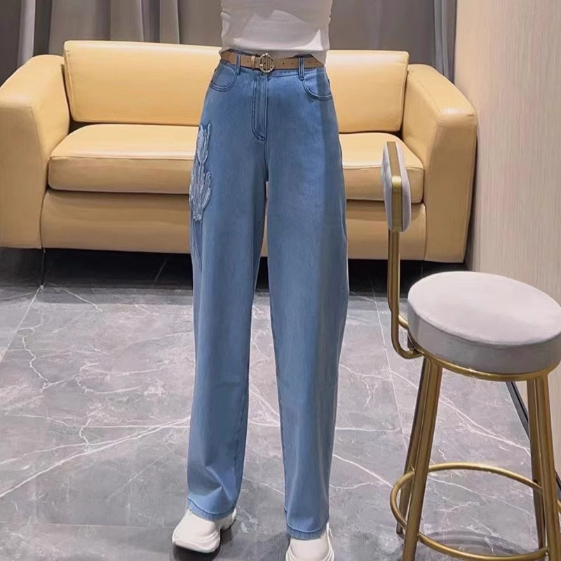 魅言商城同款2025春新款高腰郁金花刺绣直筒牛仔裤女长裤5100588