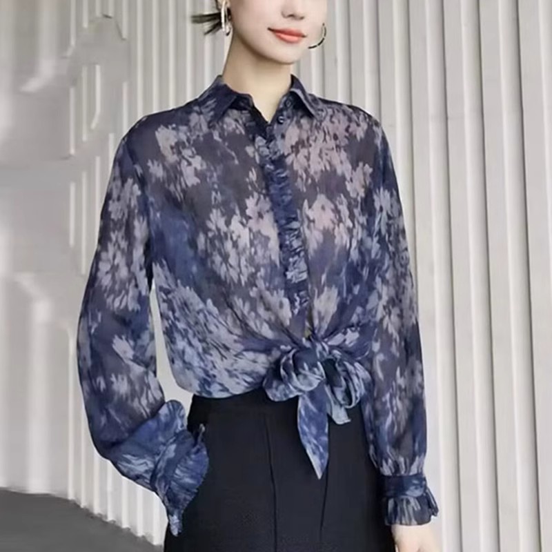 {专柜}魅言新款夏休闲气质豹纹印花飘带长袖衬衫女5300285