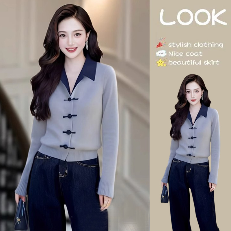 新中式2025新款国风灰色拼接翻领针织开衫毛衣女装秋冬季欧货上衣