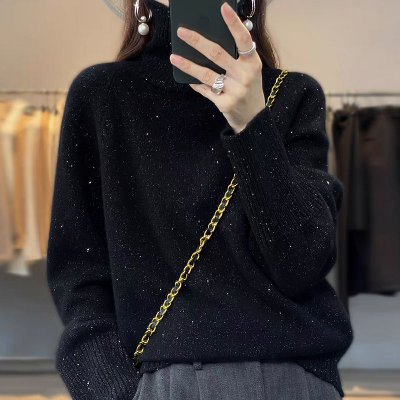 100%纯羊毛衫女秋冬亮丝高领纯色宽松内搭毛衣针织羊绒加厚打底衫