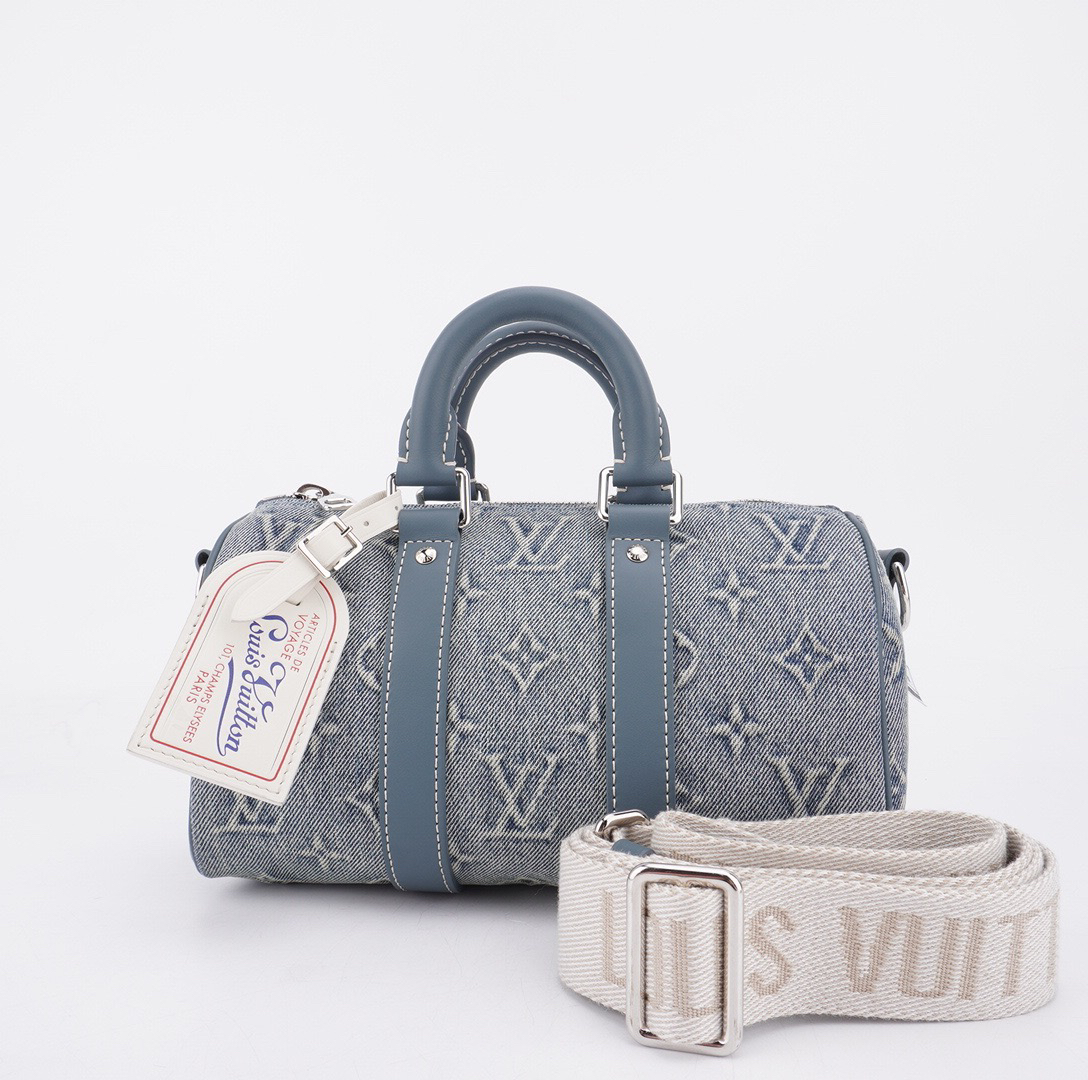 99新 LV keepall 25丹宁浮雕牛仔限定款单肩斜挎包25/14/11 F398