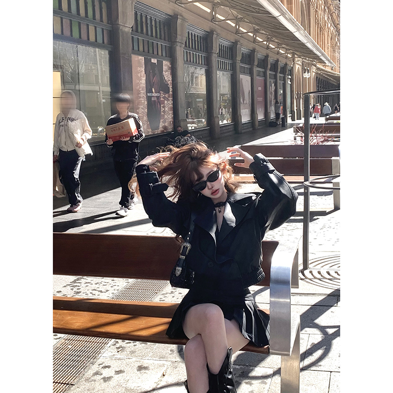 Suuuicee 酷盖舒适区 复古做旧晕染PU皮衣外套女百褶半身皮裙套装