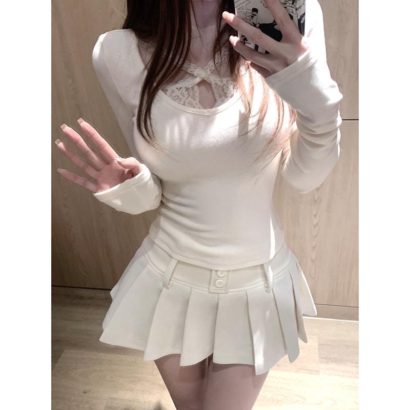 Suuuicee 花漾心结 纯欲蕾丝绑带打底衫针织长袖内搭性感辣妹上衣