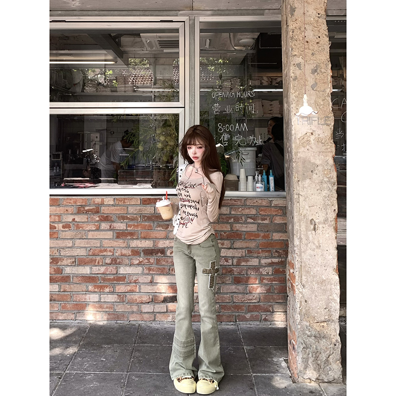 Suuuicee 进阶腿精 复古做旧橄榄色低腰牛仔裤女修身工装微喇长裤
