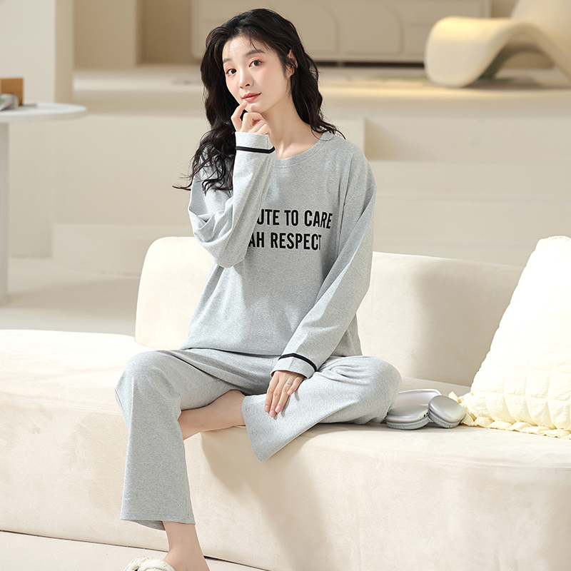 2023年春秋季新款长袖纯棉睡衣女士时尚休闲可外穿圆领家居服套装