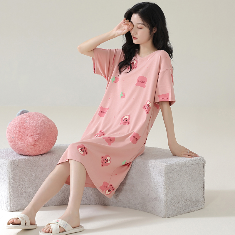 2023年新品夏季睡裙女士纯棉短袖中裙薄款可爱睡裙纯棉100%全棉