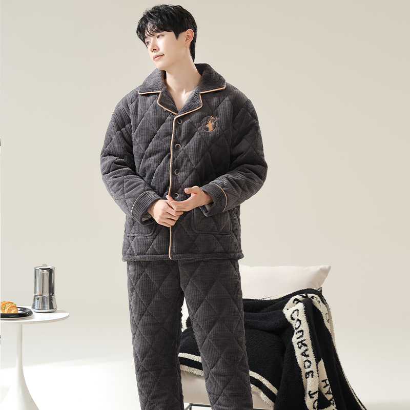 冬季款三层加厚加绒夹棉宽松男士居家可外穿甜美家居服睡衣男休闲