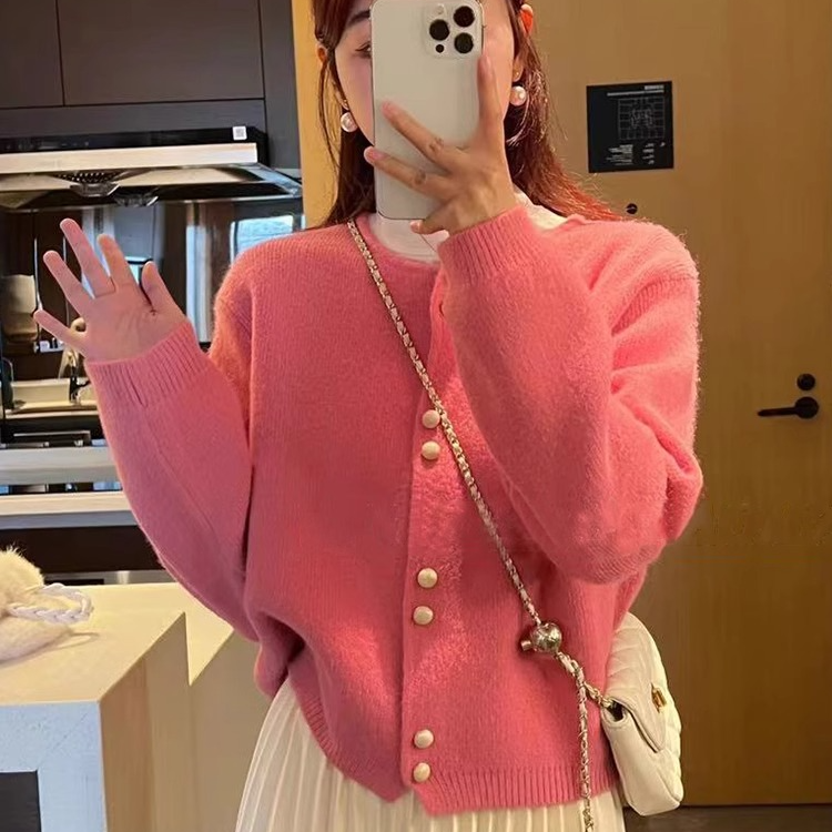 粉色圆领开衫毛衣外套女2025新款爆款春秋季外穿宽松针织衫上衣