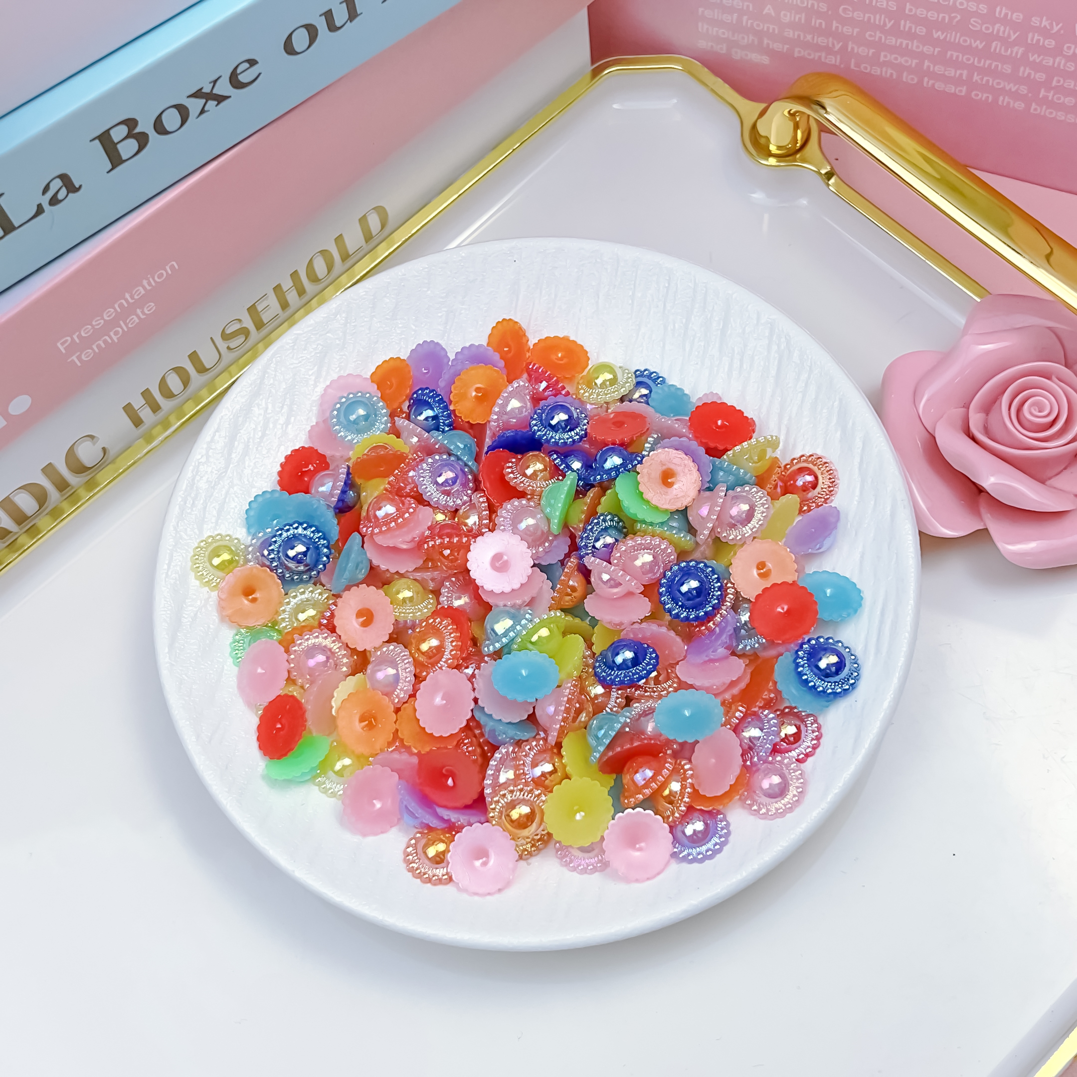 13mmdiy手工蝴蝶结彩色AB珠花片太阳花珍珠半圆珍珠贴片材料