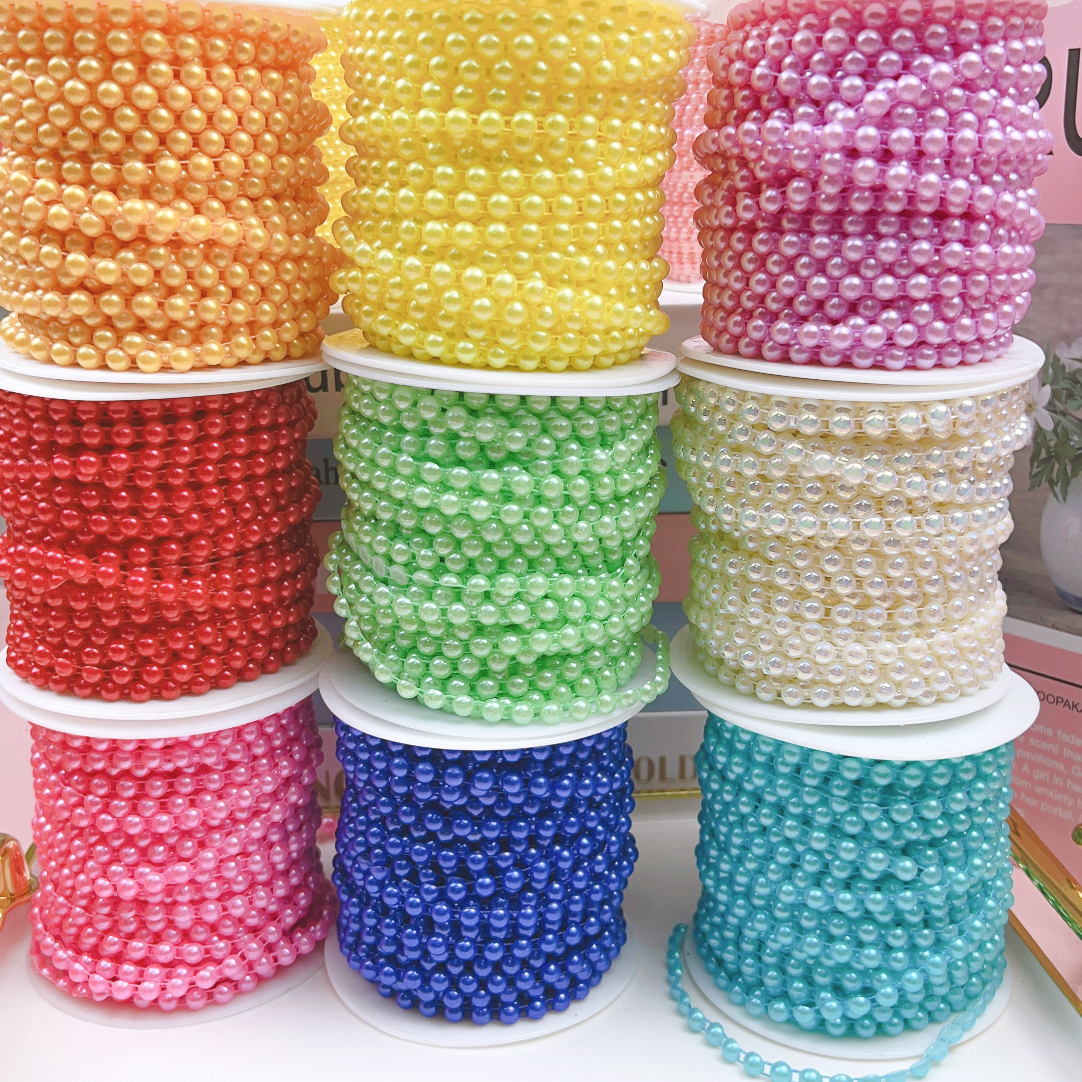 4mm彩色半面定位连线珠diy手工配饰搭配装饰链条花边辅料批发婚礼