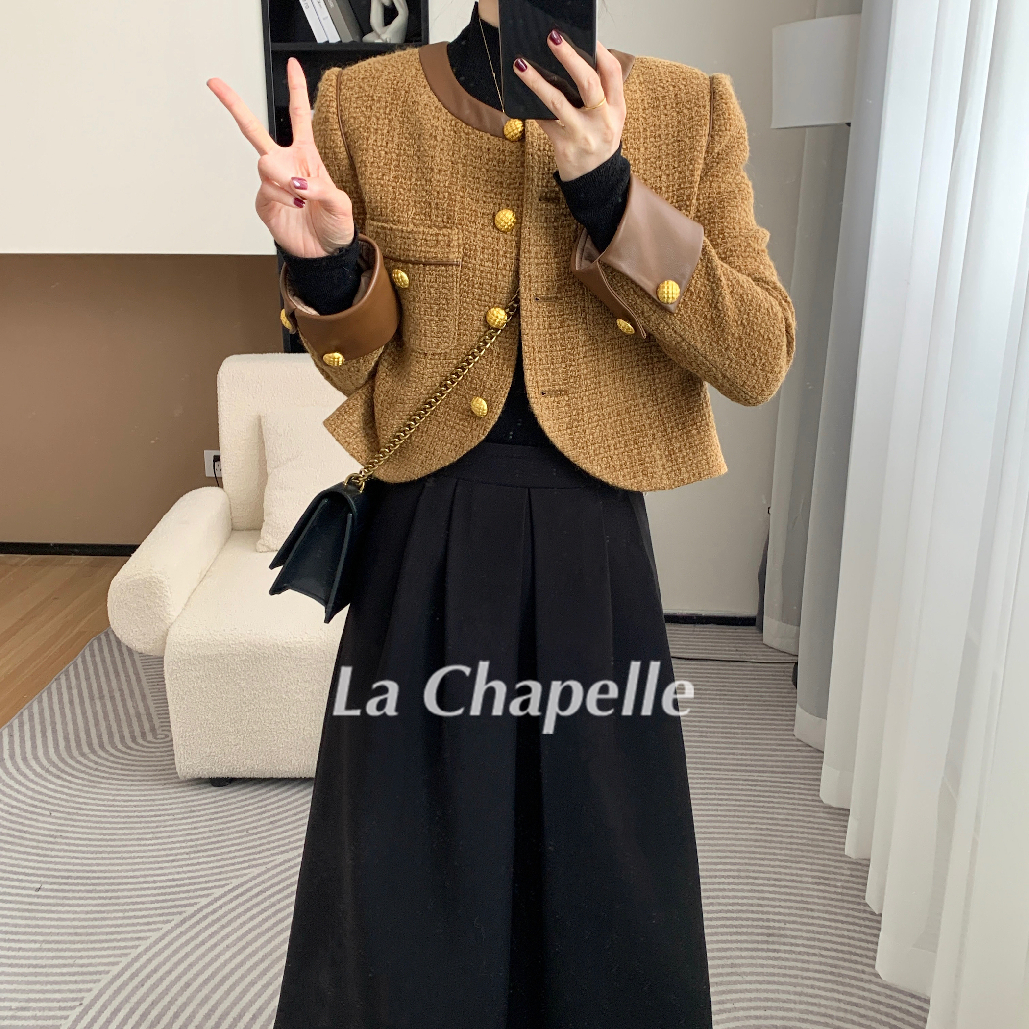 拉夏贝尔25现货秋新款复古气质小香风长袖短外套+半裙 9206 SQJ