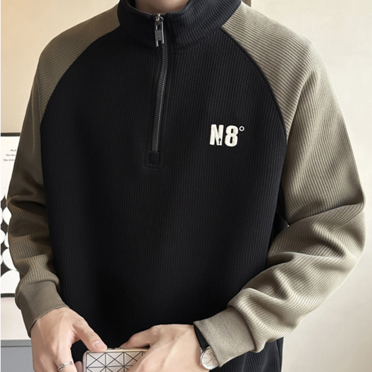 半拉链卫衣男士秋冬撞色拼接立领长袖潮牌重磅刺绣套头衫时尚百搭