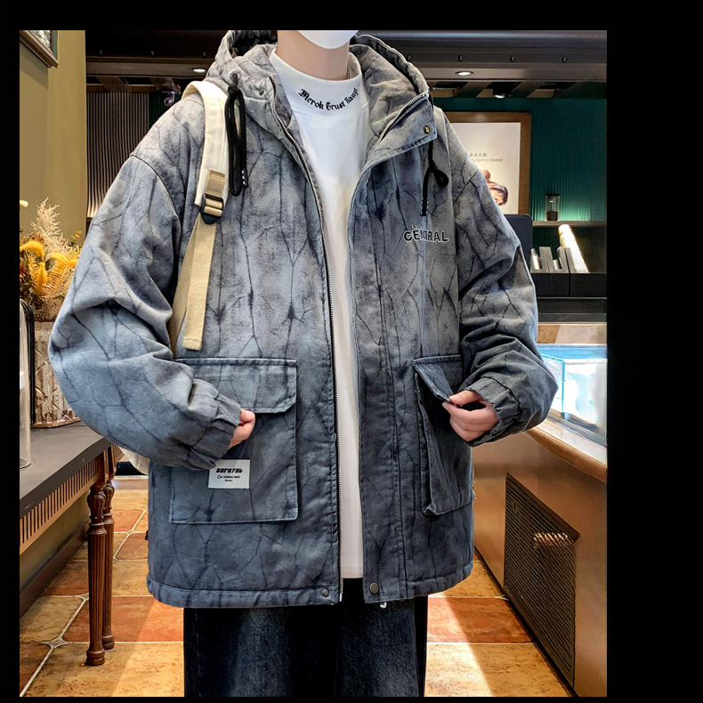 男冬季常规款印花渐变色潮牌宽松派克服加厚外套男士2024新款棉服