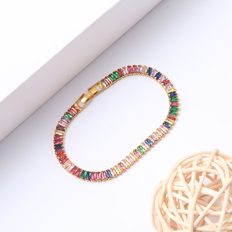 铜合金锆石手链 K042欧美爆款彩色锆石手链满钻轻奢铜镀真金保色