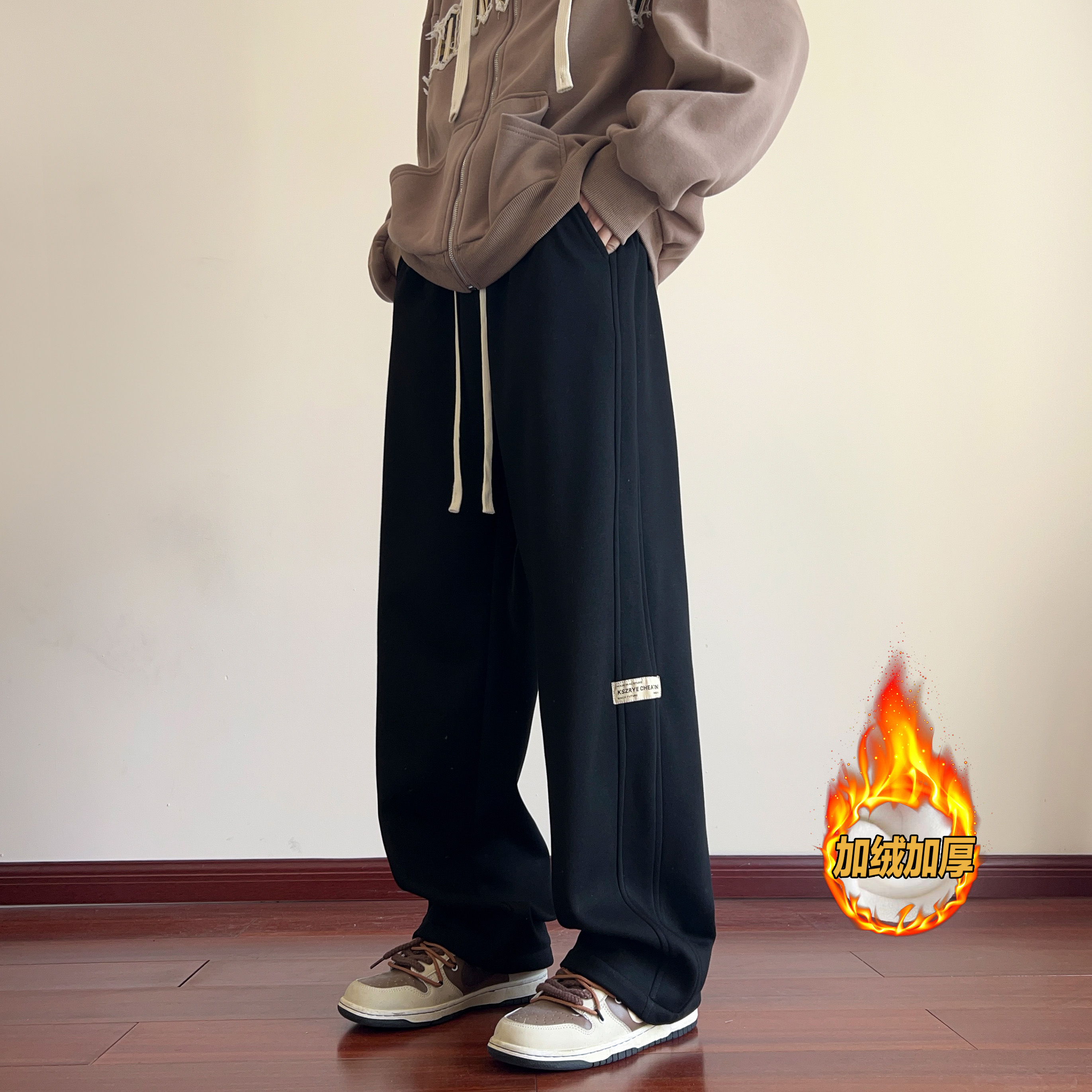 加绒加厚裤子男冬季美式高街休闲裤秋冬款潮流直筒运动中学生卫裤
