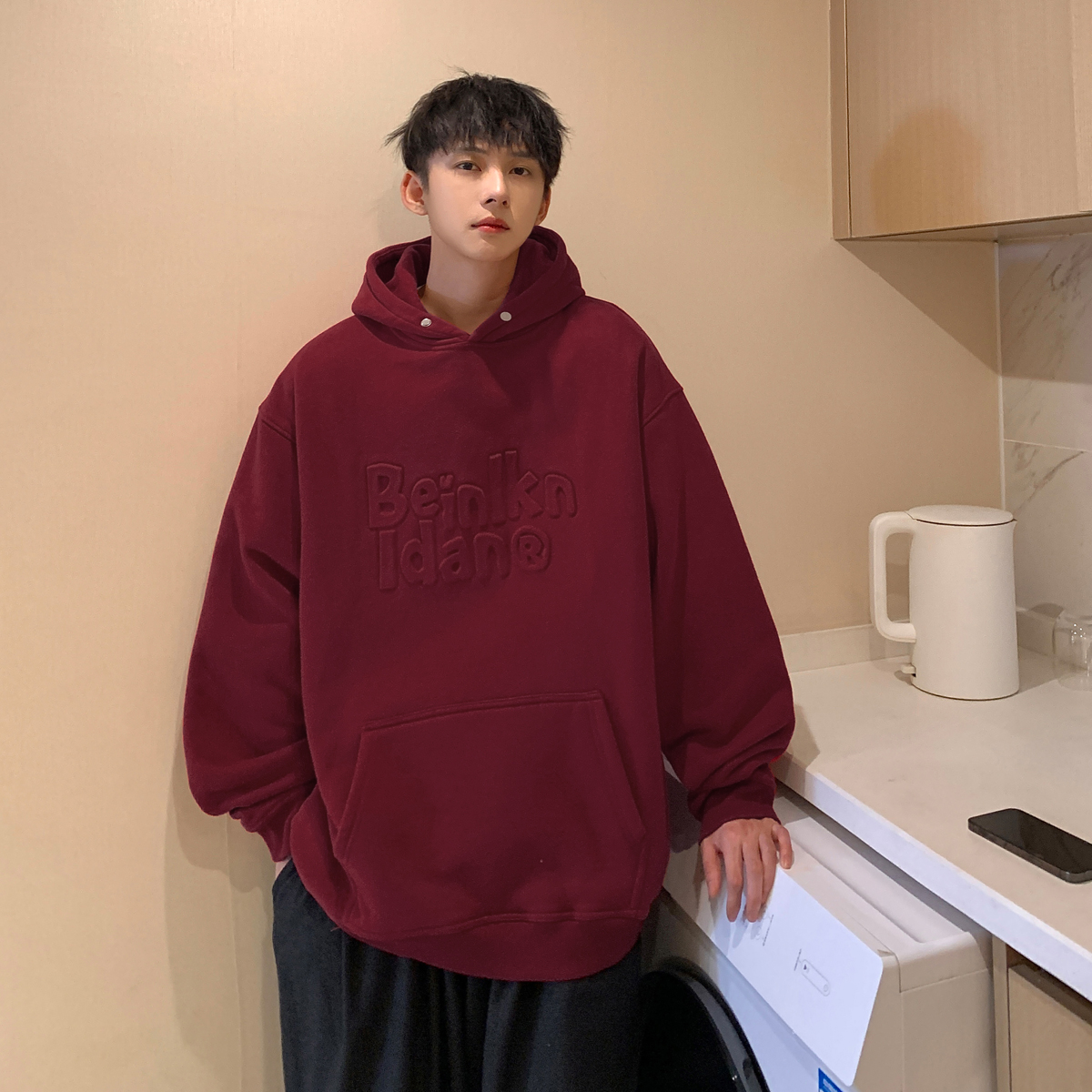 美式酒红色卫衣男加绒秋冬连帽ins潮牌oversize重磅港风复古外套