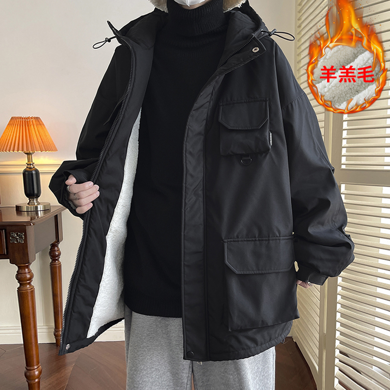 工装棉服男款冬季加绒加厚多口袋大码冲锋衣潮牌连帽宽松棉衣外套