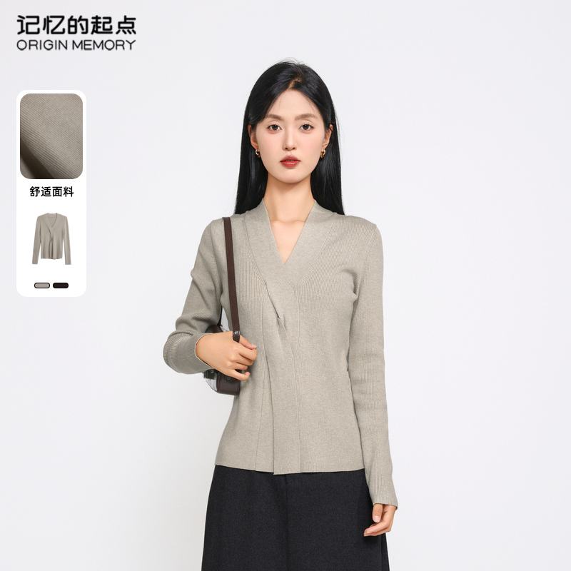 记忆的起点套头毛衣时尚冬季V领抽褶不显肚子针织上衣68AD52947H