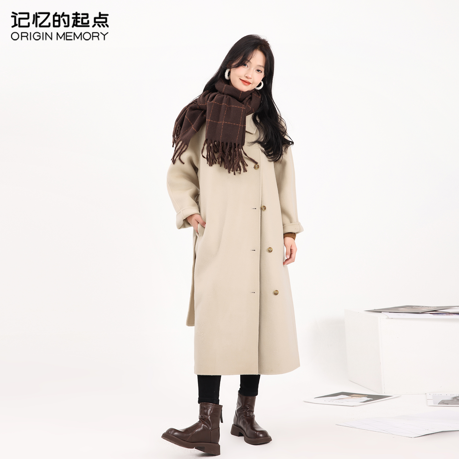 记忆的起点双面呢大衣女冬季长款韩版廓形斜襟毛呢外套67AD73328