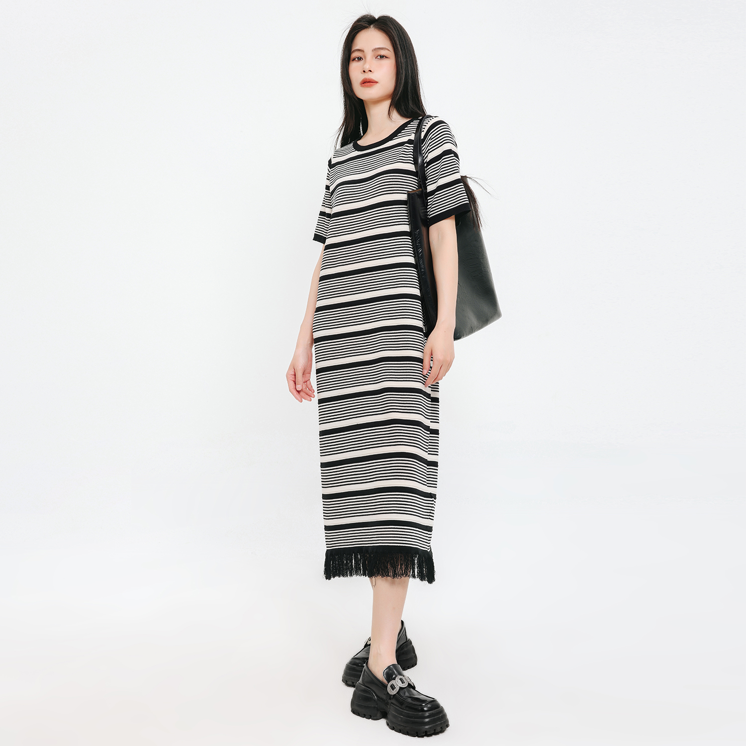 记忆的起点短袖针织条纹连衣裙女时尚春夏流苏裙子68AX85060