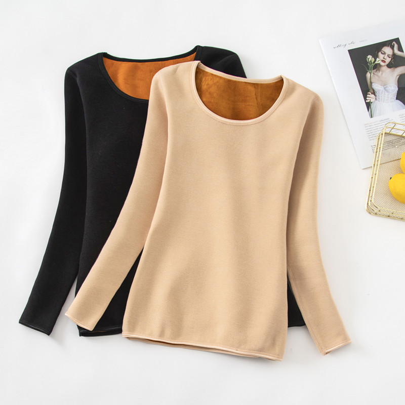 加绒保暖内衣女单层一体绒打底衫冬季紧身加厚秋衣中老年妈妈上衣