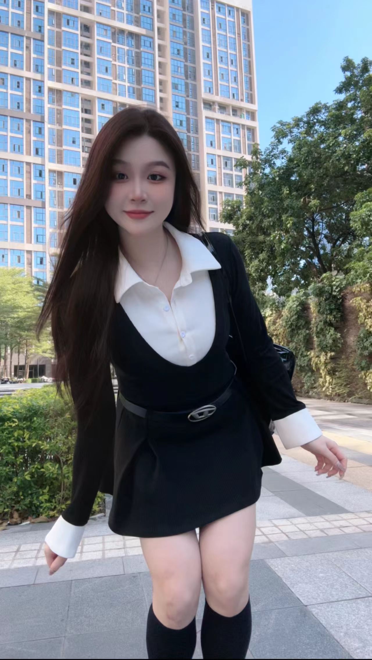 【现货】学院风假两件设计感衬衫拼接针织连衣裙子胖mm显瘦收腰遮肚