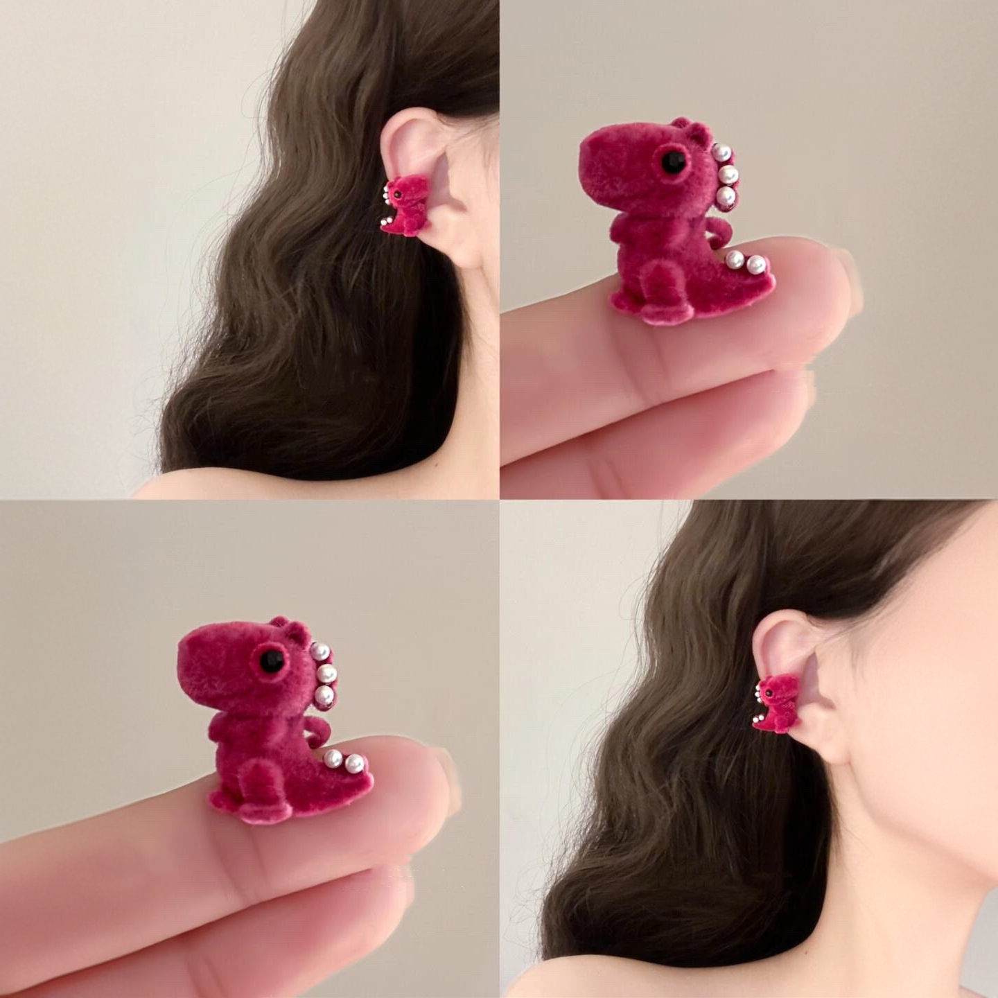 铜合金耳饰 小粉龙耳夹高级感粉色植绒耳环耳骨夹
