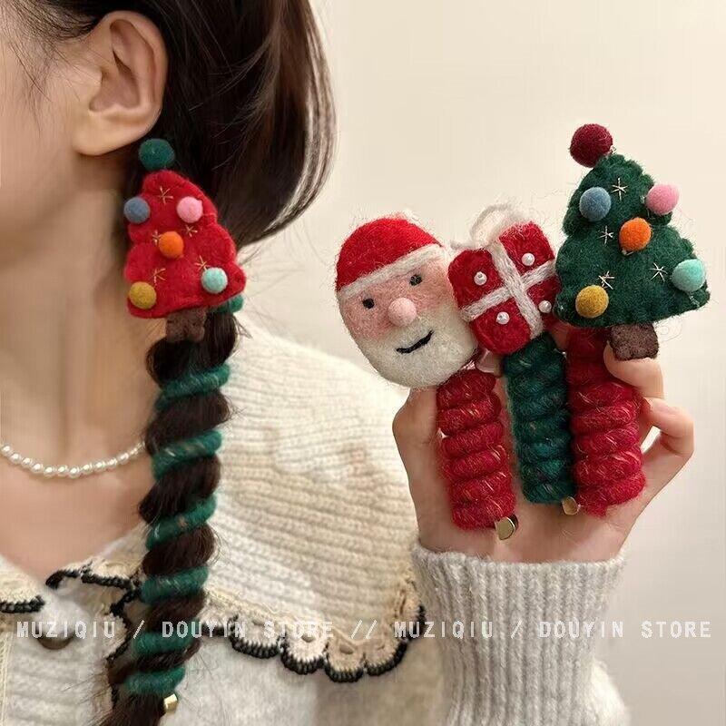 木子秋圣诞氛围感复古手工羊毛毡直线电话线发圈气质时尚百搭发圈