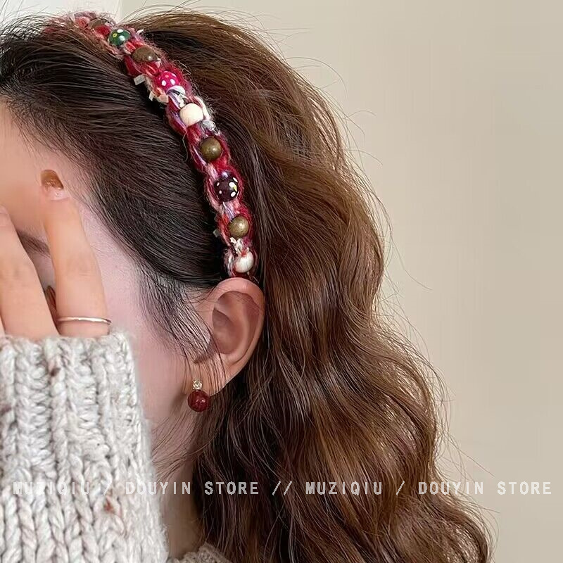 木子秋高级感彩色编织珠珠毛绒发箍轻奢气质时尚百搭韩版网红复古