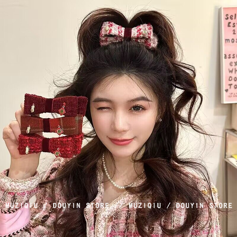 木子秋新年节奏！红色小香风蝴蝶结弹簧夹ins高级感气质时尚搭发夹