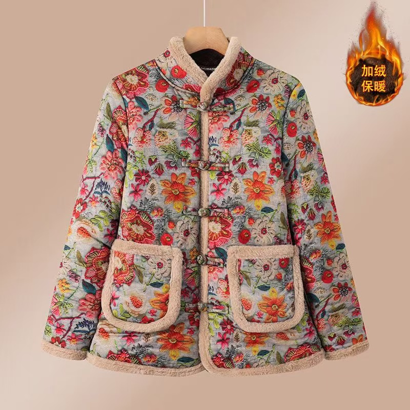 2024短款复古加绒加厚中国风印花民族风保暖棉服