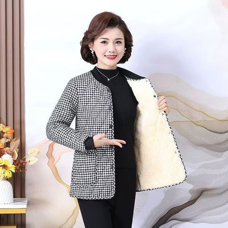 2024妈妈装短款中老年中年加绒加厚保暖秋冬  格子