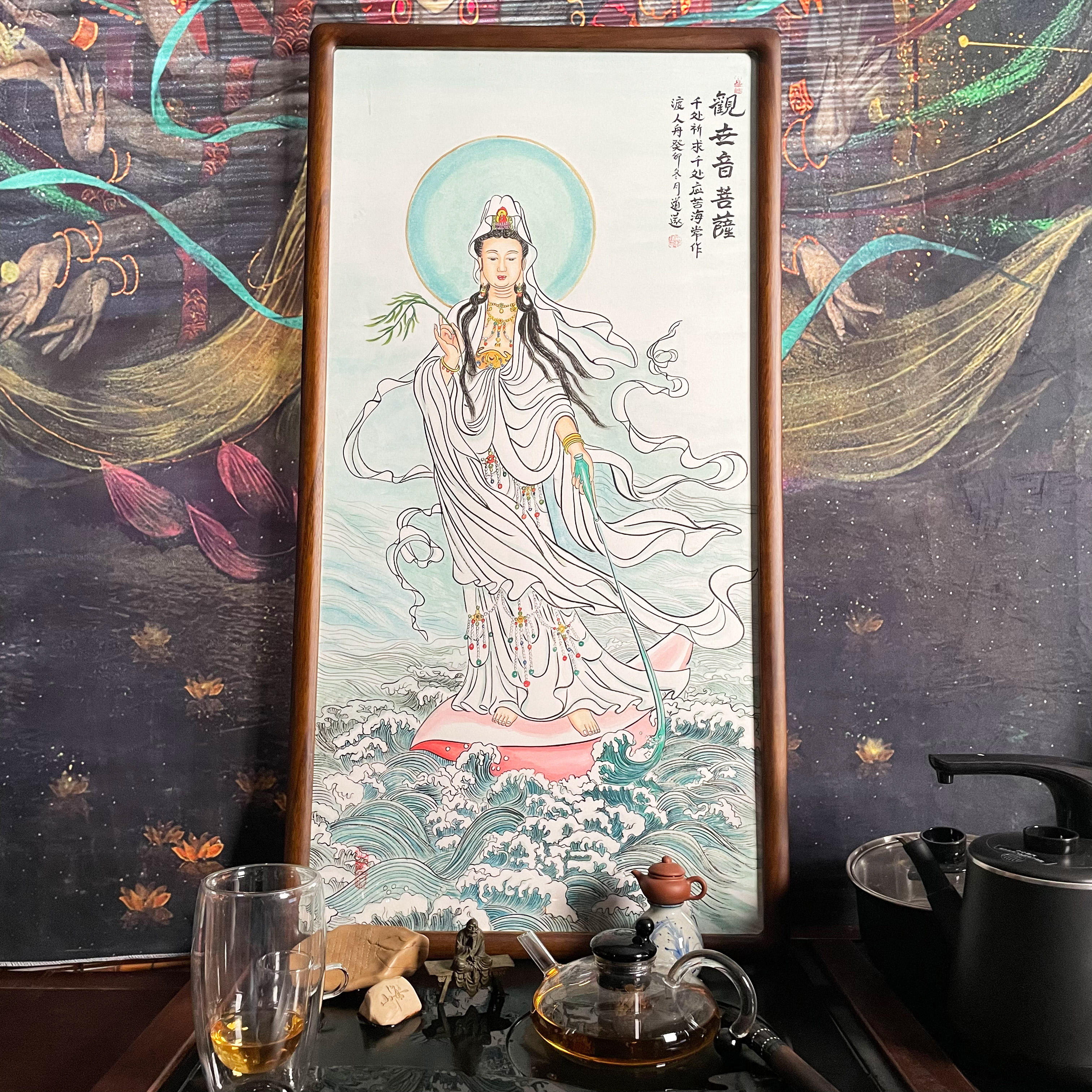 观世音菩萨老师手绘带框尺寸95*50cm茶室书房玄关办公室挂画装饰
