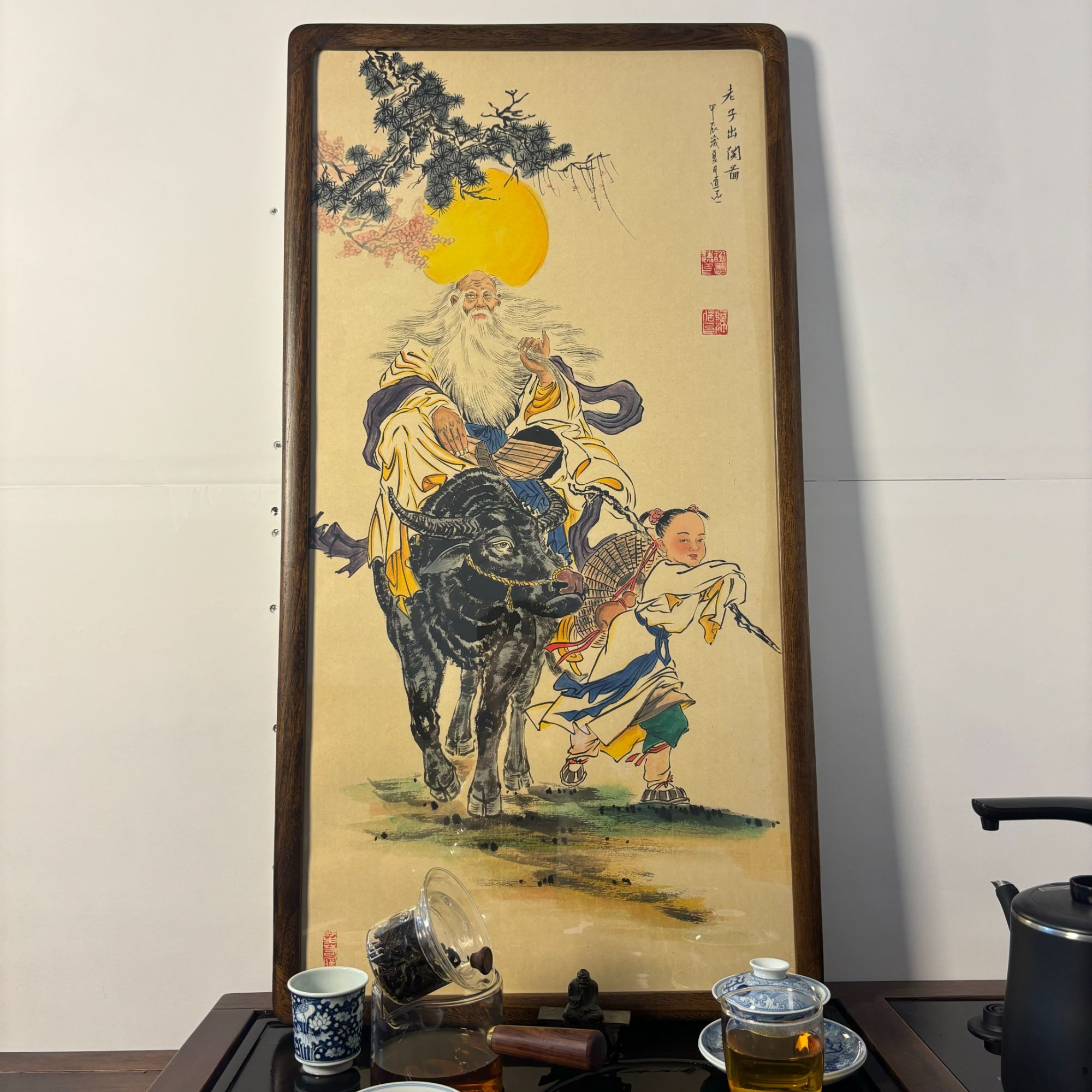 老子出关图手绘作品带框精装裱94*49cm茶室玄关办公室挂画