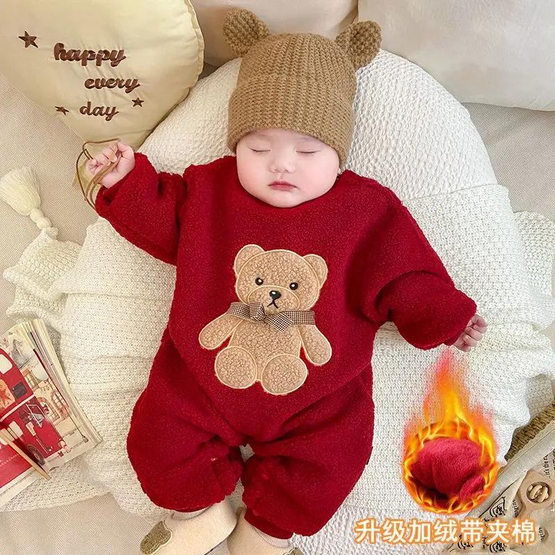 宝宝超萌外出哈衣冬款夹棉婴儿加绒连体衣红色羊羔绒周岁衣服保暖