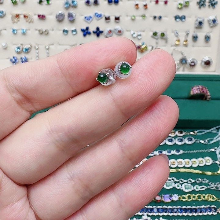 翡翠耳饰银S925镶嵌耳钉493