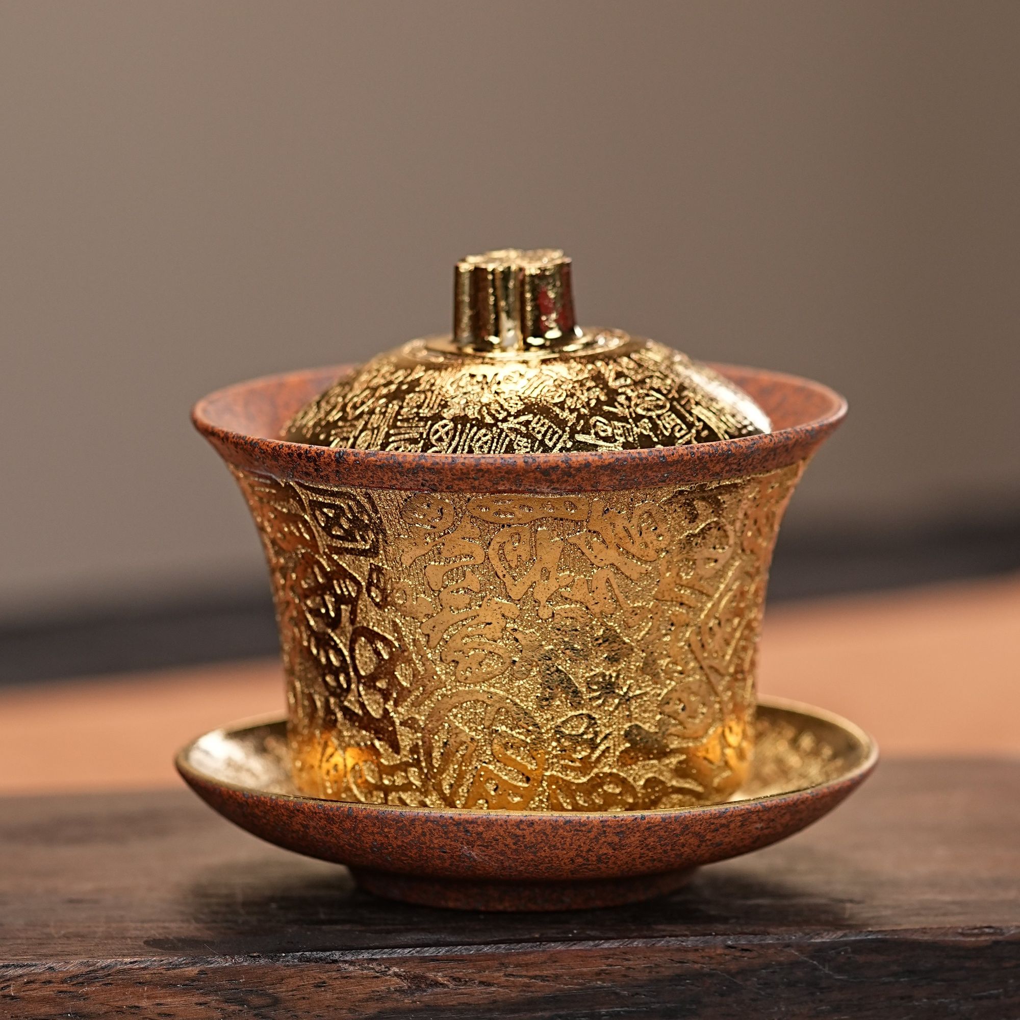 【2559百福盖碗】宜兴原矿龙骨金砂柴烧手工刻绘百福三才盖碗