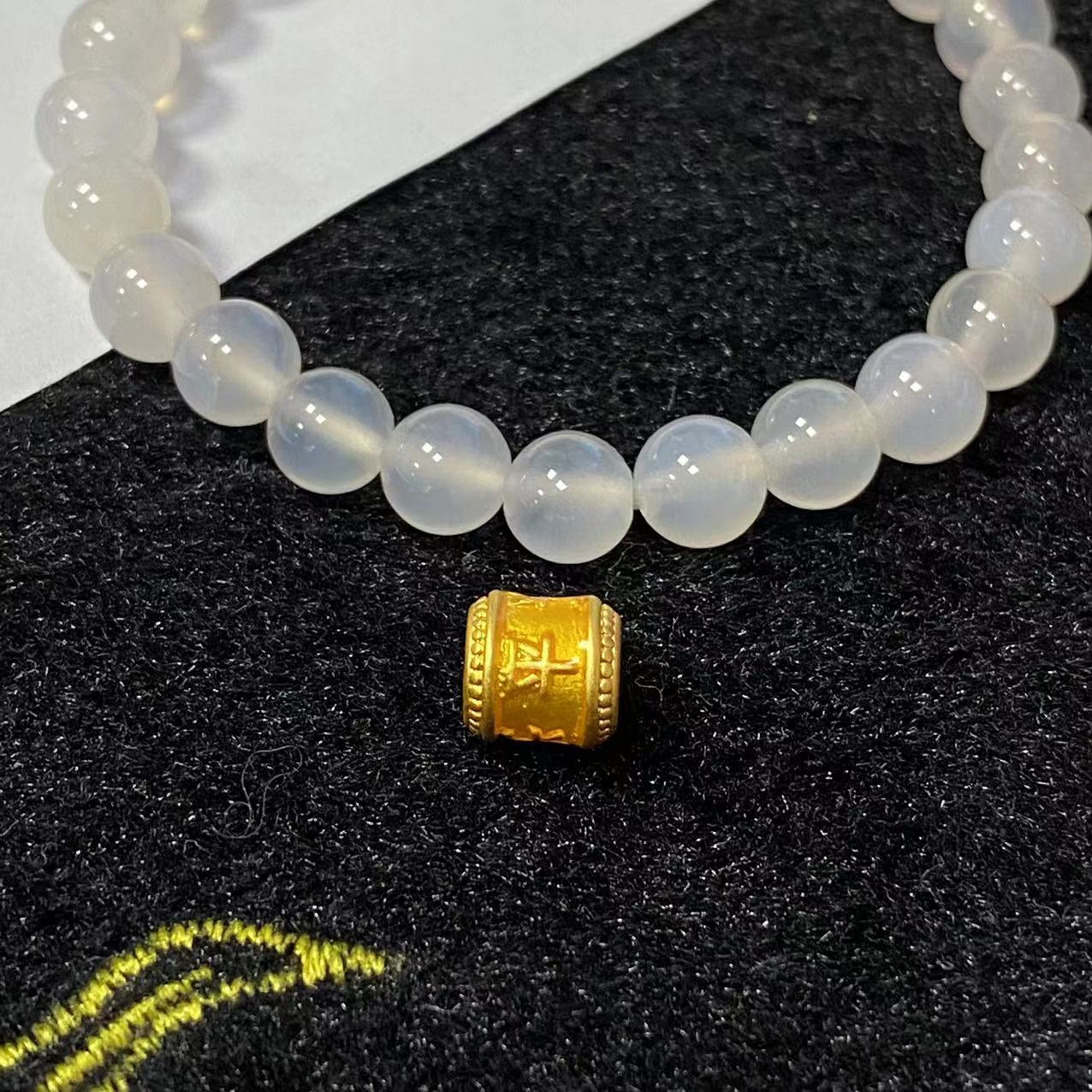 足金999烧蓝款平安喜乐桶珠白色玛 瑙手串@@A118