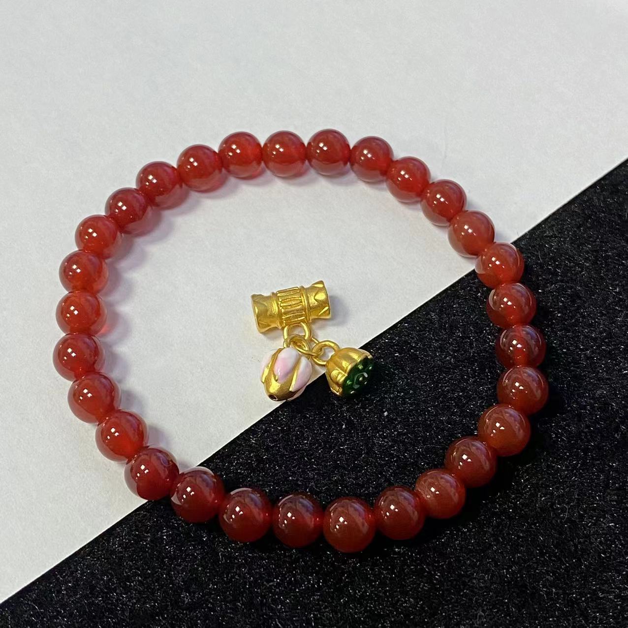 足金999烧蓝通孔两世欢搭红玛 瑙手串@@A251