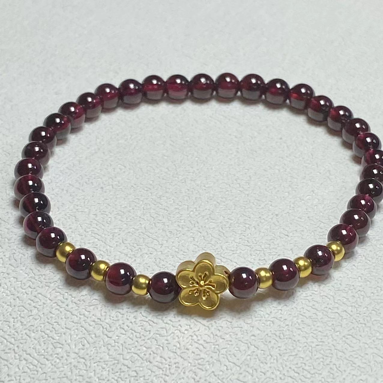 足金999烧蓝款式粉桃花+6颗卡3古法金珠搭石 榴 石手串@@A105