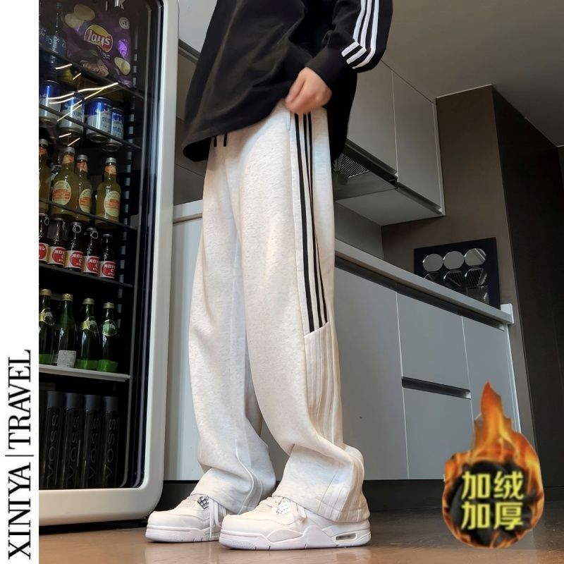 休闲运动裤男秋冬季加绒卫裤美式潮流宽松阔腿加厚高街百搭裤子